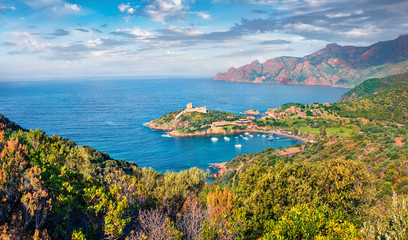 Fototapeta na wymiar Marvelous morning view of Port de Girolata - place, where you can't get by car. Green sunny scene of Corsica island, France, Europe. Captivating Mediterranean seascape.