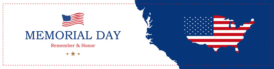 Happy Memorial Day. Long greeting card with USA flag and map on the background. National American holiday event. Flat vector illustration EPS10