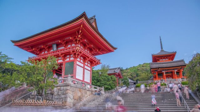 4K Time Lapse of Kiyomizu Dera, blurred tourists in Kyoto, Japan