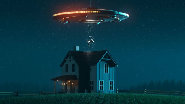 Alien invasion Silhouette of the shiny metal flying saucer. Bright light beam.