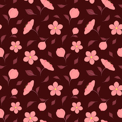 Floral seamless pattern with pink flowers on dark red background; natural design for fabric, wallpaper, wrapping paper, textile, packaging, web design.