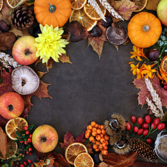 Autumn harvest festival background border with food, flora & fauna on lokta background. Top view, flat lay.  