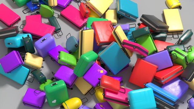 scattered suitcases of different colors. 3d render