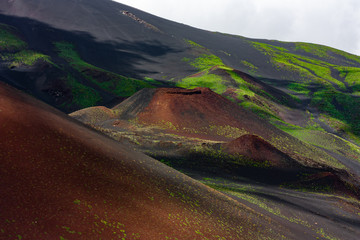 Breathtaking scenery of Etna mountain. Red volcanic sand and green vegetation adorned with a shadows of the clouds. Postcard of travel in Sicily. - obrazy, fototapety, plakaty