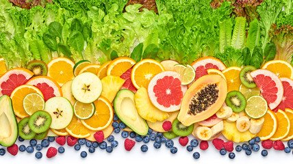 Fresh fruit berries green salad collection. Tropical papaya, pineapple, apple, orange, kiwi,mixed citrus salads food isolated on white. Healthy fruity diet concept. Fruit background