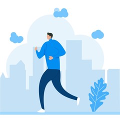 a young man ran against a city background.flat design,vector illustration.
