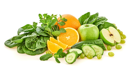 Fresh fruits vegetables healthy eating diet set. Raw mixed vegan juicy food vitamin background, green apple, orange, spinach, cucumber isolated on white. Detox veg green concept