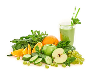 Spinach, apple, cucumber, mint fruit green smoothie. Detox fresh healthy eating diet concept. Green apple fruit vegan smoothie isolated on white. Freshness fruity greens cocktail