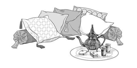 Group of different pillows with tassels and a dish with an oriental teapot, glasses of tea and baklava. .Vector illustration in vintage style . Hand drawn isolated object on white background.  Sketch.