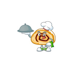 chef cartoon character of swiss roll with food on tray