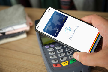 Man payment purchase for phone and pay pass online terminal