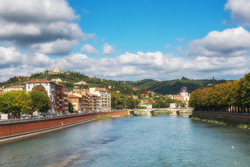 Fototapeta na wymiar Adige River. Panoramic view of Verona, Veneto region, Italy.