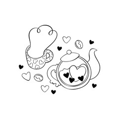 Hot drink mug. Teapot. Tea cup. Hearts. Stickers. Checkered background. Isolated vector objects.