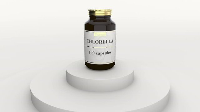 Pharmacy bottle with generic chlorella capsules and fictional logo. Healthy lifestyle supplements or pharmaceutical industry related 3D animation