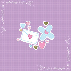 Love message. Medical plaster. Hearts. Stickers. Checkered background. Isolated vector objects.