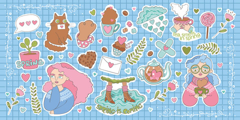 Set of stickers about spring. Beautiful girls, cute cat, hot drinks and sweets. Lettering. Checkered background. Isolated vector objects.