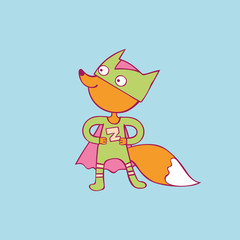Cute superhero. Little fox. Cartoon animal character. Isolated vector object.