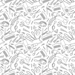 Hairdressing set: hair dryer, comb, straight razor, scissors, hair clips. Seamless vector pattern (background).