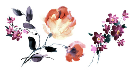 Flowers watercolor illustration.Manual composition.Big Set watercolor elements.