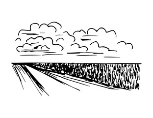 Hand-drawn simple vector illustration with black outline in engraving style. Rural landscape, field, road, clouds. Nature, farming, cereal cultivation.