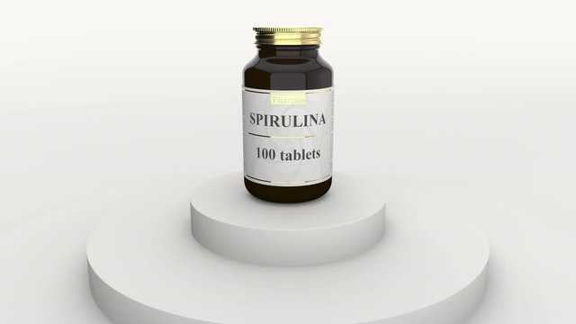 Medicine glass bottle with generic spirulina tablets and fictional logo. Healthy lifestyle supplements or pharmaceutical industry related 3D animation
