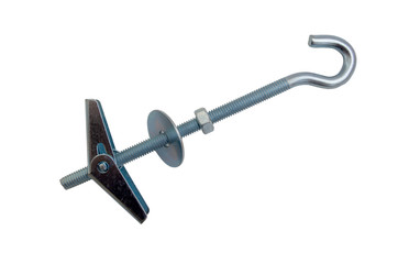 Folding spring anchor dowel made of galvanized steel with a tip in the form of a half-ring for screwing in materials with empty space, lying on a white background, isolated without shadows