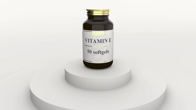 Bottle with generic vitamin E softgels and fictional logo. Healthy lifestyle supplements or pharmaceutical industry related 3D animation