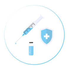Vaccination concept. Flat vector medical illustration with the syringe, vaccine bottle, and shield.