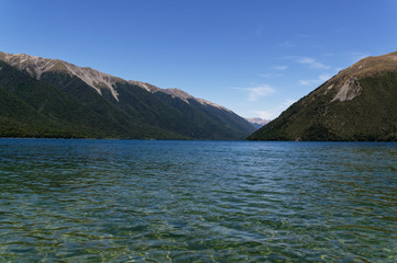 Looking up Lake Rotoiti as the lake disappears between the mountains