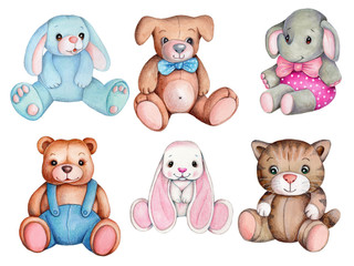 Set of watercolor hand drawn cute toys animals, isolated.