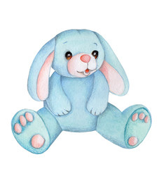 Watercolor hand drawn illustration of cute cartoon hare, plush toy, sitting, isolated.