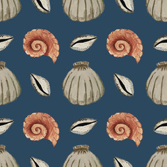 Seamless pattern with sea shells. Hands gouache illustration. Marine pattern, design for wallpaper, fabrics, textiles, packing.