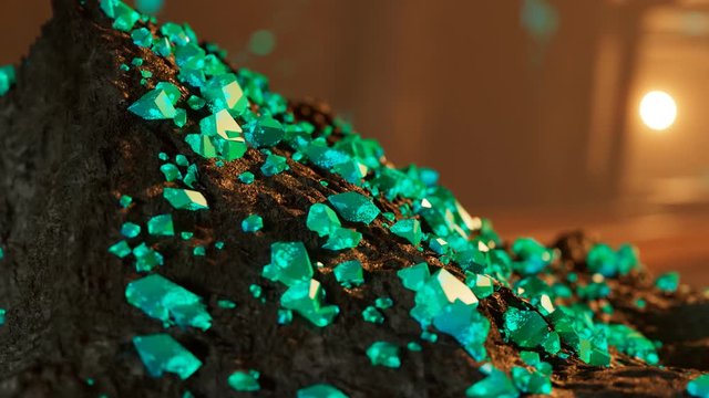 Green uranium ore gems in a mine. Glowing green radioactive ore in close up 4KHD
