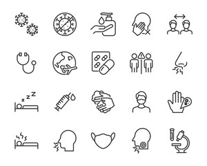 set of coronavirus icons, virus, ncov-2019, disease, sickness, illness