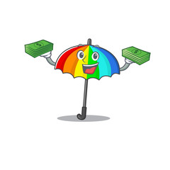 happy face rainbow umbrella character having money on hands