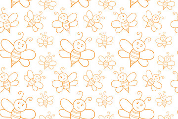 Doodle bee seamless pattern isolated on white. Outline kids hand drawing art. Sketch vector stock illustration