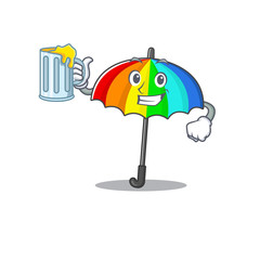 Cheerful rainbow umbrella mascot design with a glass of beer