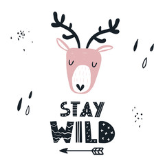 Vector color hand-drawn children’s illustration, poster, print, card with a cute deer, drops and lettering stay wild in Scandinavian style on a white background. Cute baby animals. Scandinavian
