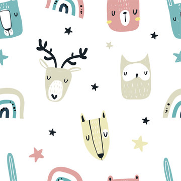 Vector color hand-drawn seamless repeating childish cute pattern with cute animals, rainbow and star in Scandinavian style on a white background. Childish pattern with animal faces.Cute baby animals.