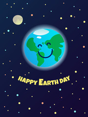 Naklejka premium Happy Earth Day, planet mascot in the space - healthy and clean smiling world, ecological greeting card template, poster, banner, ad, vector