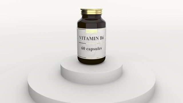 Bottle with generic vitamin B6 capsules and fictional logo. Healthy lifestyle supplements or pharmaceutical industry related 3D animation