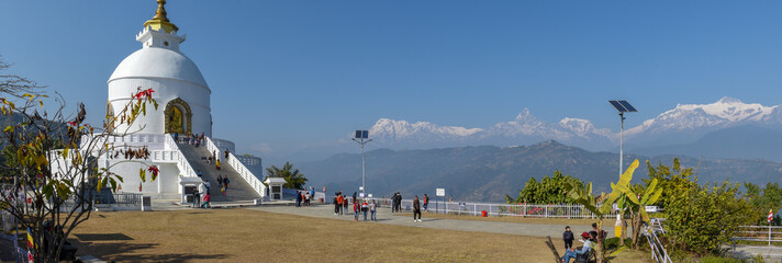 People visiting the World Peace Pagoda in Pokhara on Nepal