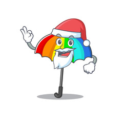 Rainbow umbrella in Santa cartoon character design showing ok finger