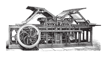 Old automatic cylinder printing press / vintage illustration from Brockhaus Konversations-Lexikon 1908