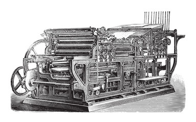 Old automatic cylinder printing press / vintage illustration from Brockhaus Konversations-Lexikon 1908