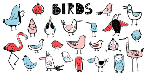 Vector color hand-drawn doodle set with cute birds in Scandinavian style on a white background. Cute baby animals. Vector set with different birds. Isolated objects on a white background.