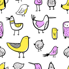 Vector color hand-drawn seamless repeating childish pattern with Various cute contour birds in Scandinavian style on a white background. Seamless pattern with doodle birds.
