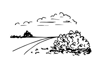 Simple hand-drawn vector sketch in black outline. Natural rural landscape, road, trees, bushes, meadows, clouds.