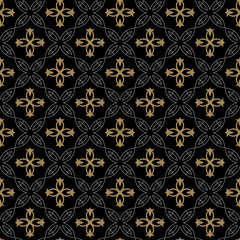 Dark Decorative Pattern | Modern Background Vector In Asian Style | Colors: Black, Gold | Seamless Wallpaper For Interior Design