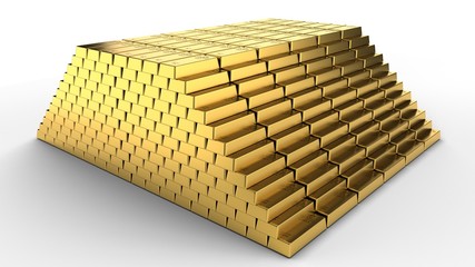 A mountain of gold ingots. 3D-rendering. Isolated on white.